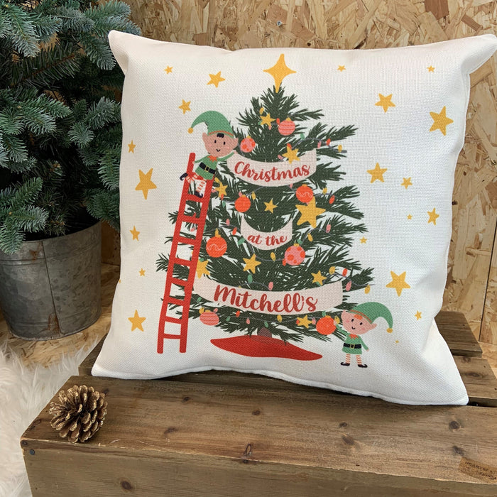 Personalised Family Christmas Tree Xmas Elf Cushion - Gift Set Holiday Decor Christmas Tree Fairy Lights Baubles Customised Cushion