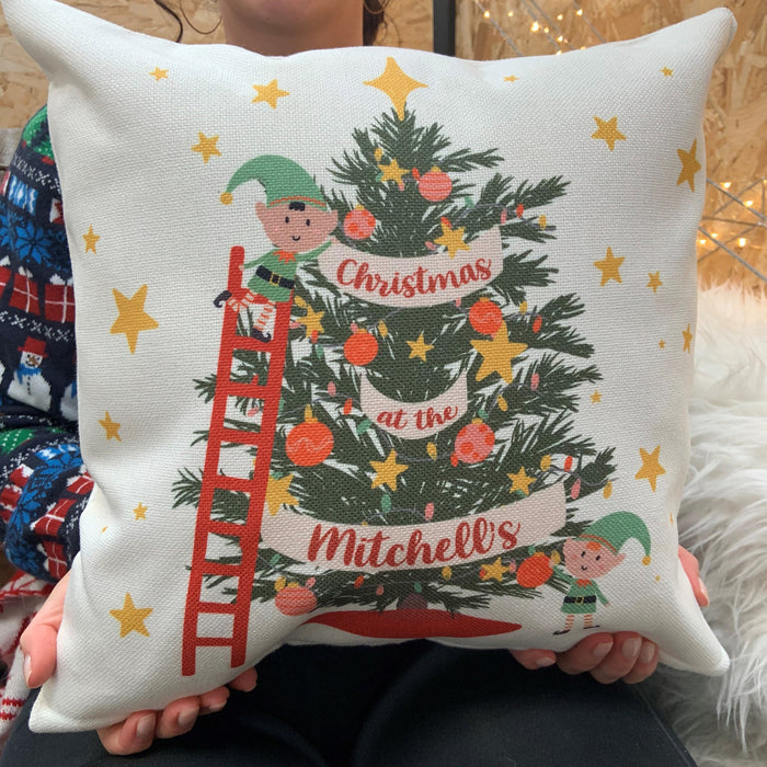 Personalised Family Christmas Tree Xmas Elf Cushion - Gift Set Holiday Decor Christmas Tree Fairy Lights Baubles Customised Cushion