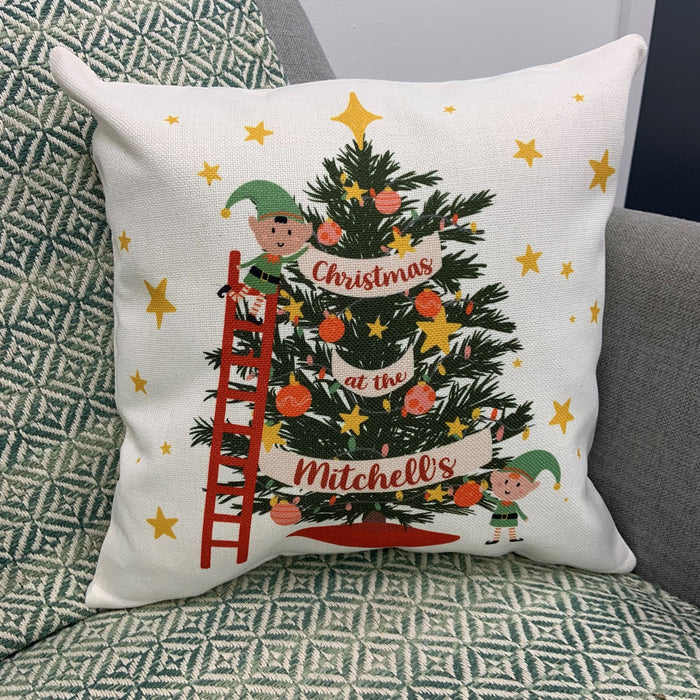 Personalised Family Christmas Tree Xmas Elf Cushion - Gift Set Holiday Decor Christmas Tree Fairy Lights Baubles Customised Cushion