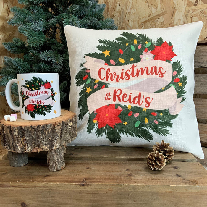 Personalised Family Christmas Wreath Cushion - Gift Set Holiday Decor Christmas Tree Fairy Lights Poinsettia Flower