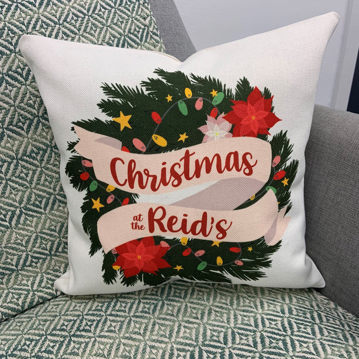 Personalised Family Christmas Wreath Cushion - Gift Set Holiday Decor Christmas Tree Fairy Lights Poinsettia Flower