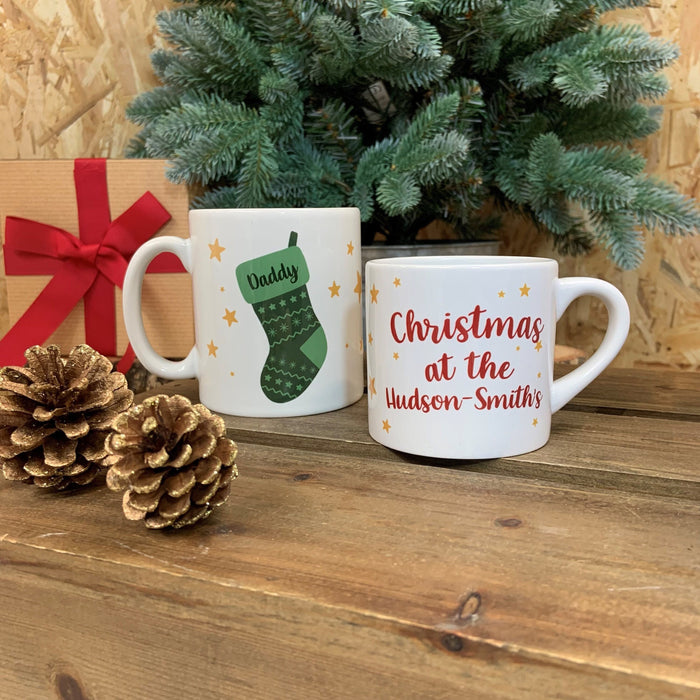 Personalised Christmas Stocking Mug and Coaster - Family Xmas Gift Set - Holiday Decor At Home Customised Xmas Present