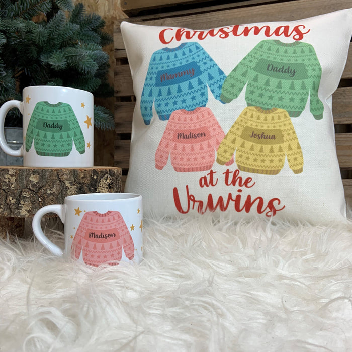 Christmas Sweater Mug & Coaster Set | Personalised Family Jumper Mug Gift Set | Cosy Holiday Decor Customised Knitwear Mug Christmas Eve Box