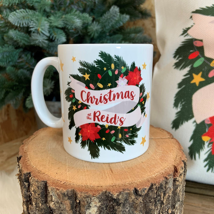 Personalised Family Christmas Wreath Mug and Coaster - Customised Gift Set Holiday Decor Christmas Tree Fairy Lights Poinsettia Flower