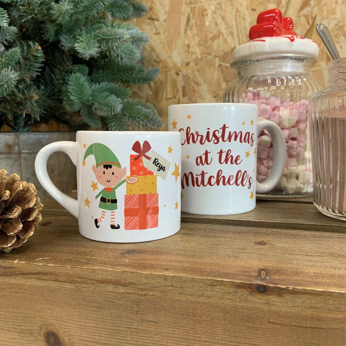 Personalised Family Christmas Elf Present Mug and Coaster - Gift Set Holiday Decor Christmas At Home Customised Mug Set