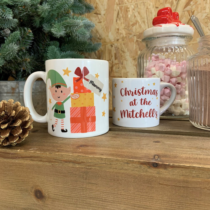 Personalised Family Christmas Elf Present Mug and Coaster - Gift Set Holiday Decor Christmas At Home Customised Mug Set