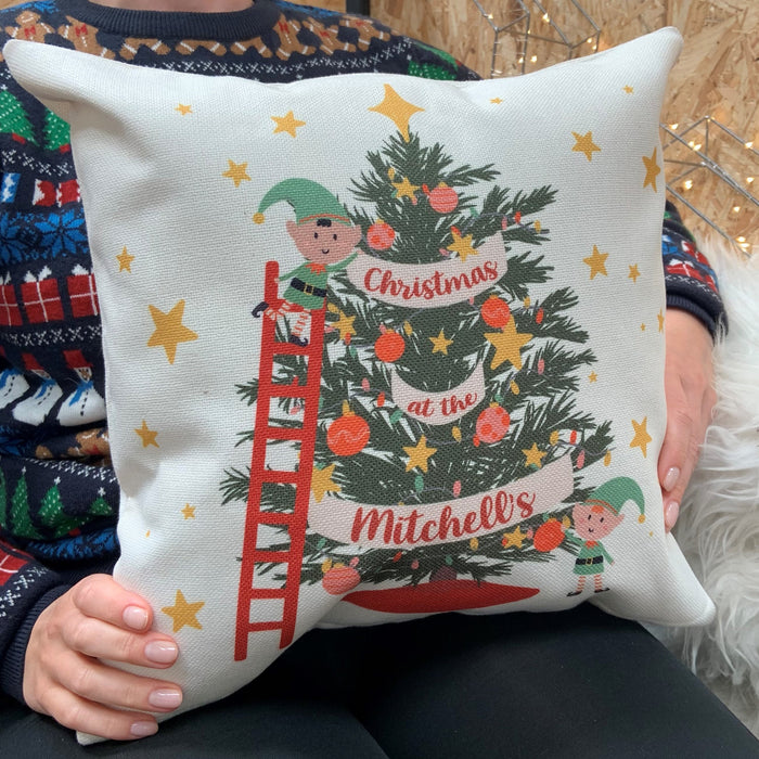 Personalised Family Christmas Tree Xmas Elf Cushion - Gift Set Holiday Decor Christmas Tree Fairy Lights Baubles Customised Cushion