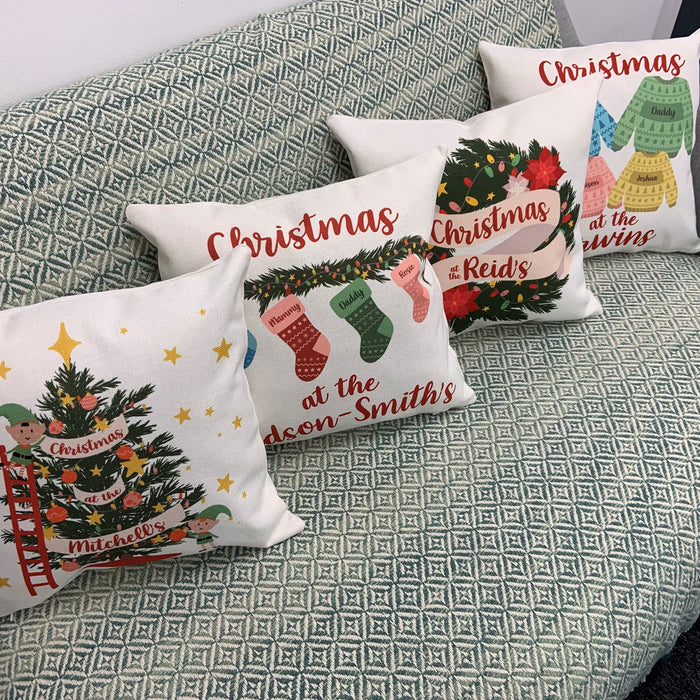 Personalised Family Christmas Tree Xmas Elf Cushion - Gift Set Holiday Decor Christmas Tree Fairy Lights Baubles Customised Cushion