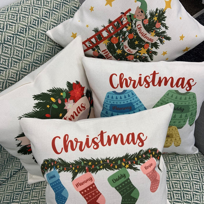 Personalised Family Christmas Tree Xmas Elf Cushion - Gift Set Holiday Decor Christmas Tree Fairy Lights Baubles Customised Cushion