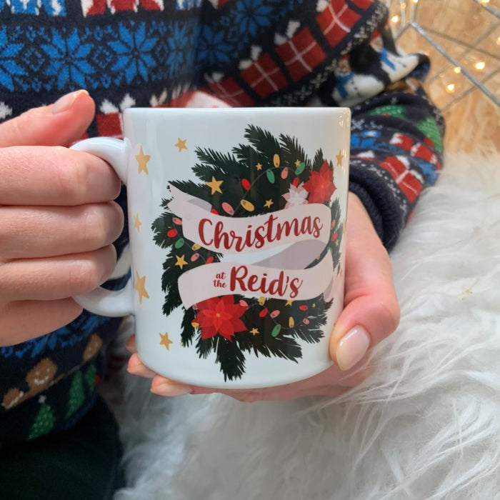 Personalised Family Christmas Wreath Mug and Coaster - Customised Gift Set Holiday Decor Christmas Tree Fairy Lights Poinsettia Flower