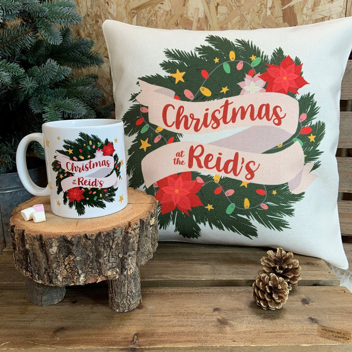 Personalised Family Christmas Wreath Mug and Coaster - Customised Gift Set Holiday Decor Christmas Tree Fairy Lights Poinsettia Flower