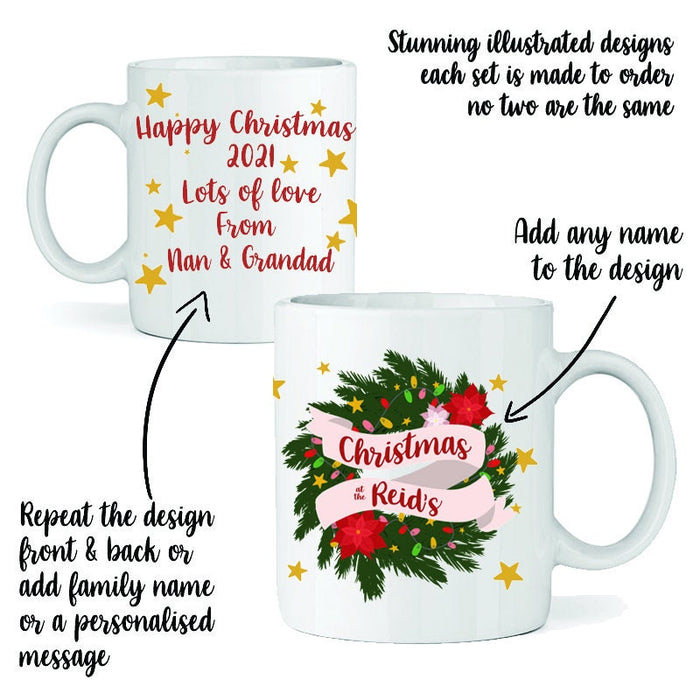 Personalised Family Christmas Wreath Mug and Coaster - Customised Gift Set Holiday Decor Christmas Tree Fairy Lights Poinsettia Flower