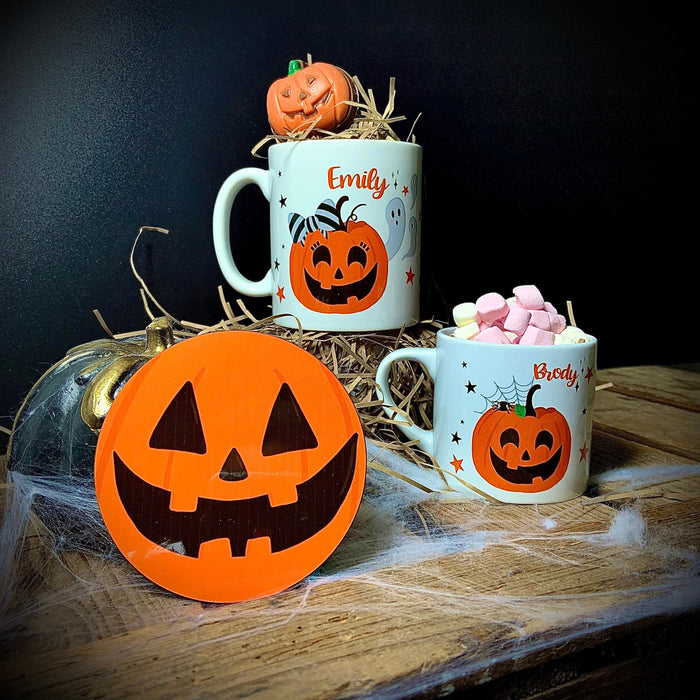 Personalised Pumpkin Family Halloween Mug and Coaster | Trick or Treat Gift Set  | Holiday At Home Customised Spooky Ghosts Spider Witch Bat