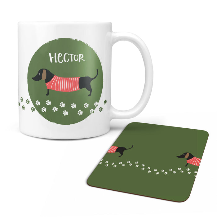 Sausage Dog Mug - Black Dachshund Gift Personalised Any Name - Ideal Gift Set with Coaster for Dogs Birthday Father's