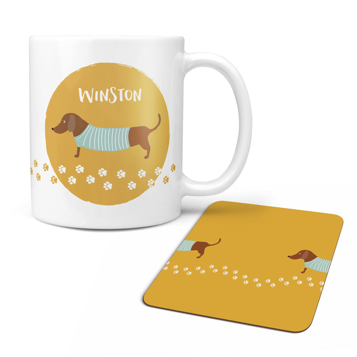 Sausage Dog Gift Tan Brown Smooth Haired Dachshund Cute Mug with Coaster Gift Set option - Funny Gift Any dogs name personalised