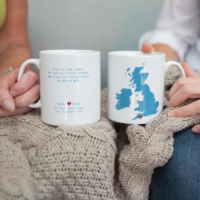 Personalised Heart Map Mug Wedding or Anniversary Gift | Any Location Worldwide Customised Map | Adventure Mrs & Mrs Mr and Mrs