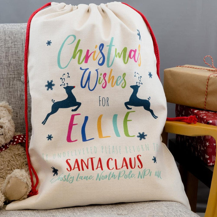 Personalised Santa Sack | Colourful Christmas Wishes | Custom Xmas Present Gift Bag | For Kids, Teens, Girls, Boys, Adults