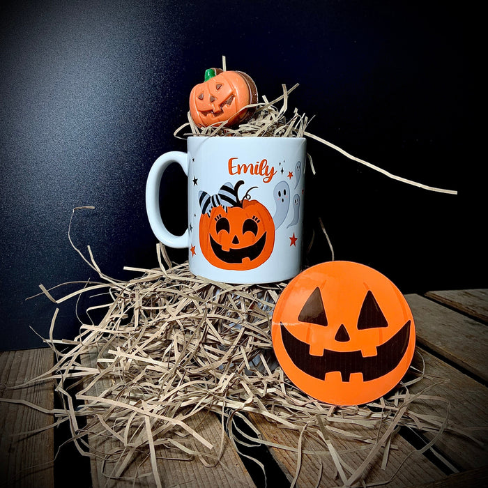 Personalised Pumpkin Family Halloween Mug and Coaster | Trick or Treat Gift Set  | Holiday At Home Customised Spooky Ghosts Spider Witch Bat