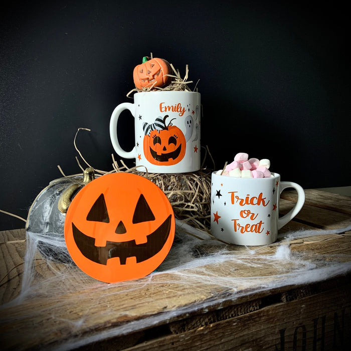 Personalised Pumpkin Family Halloween Mug and Coaster | Trick or Treat Gift Set  | Holiday At Home Customised Spooky Ghosts Spider Witch Bat