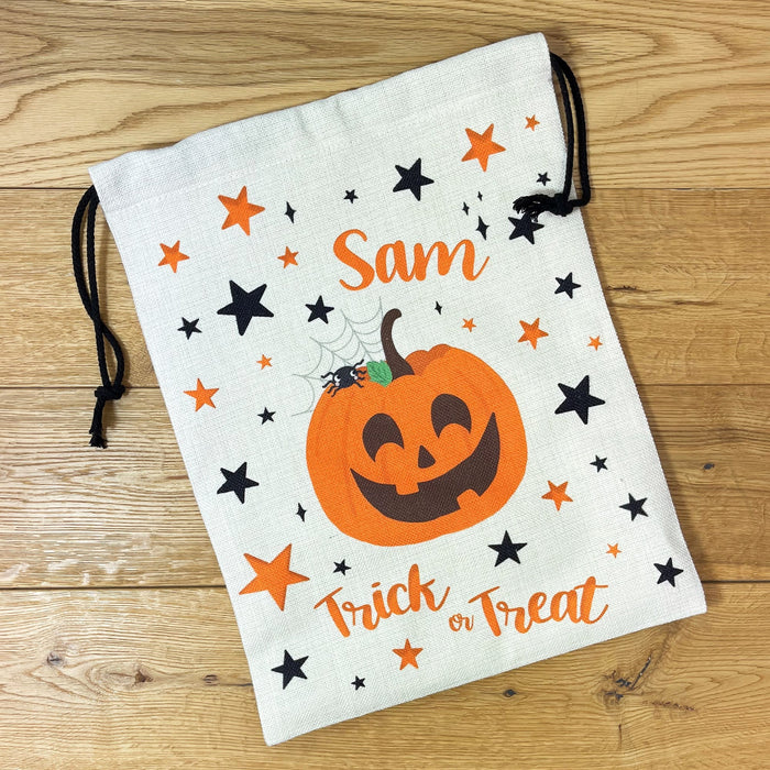 Personalised Trick or Treat Swag Bag | Cute Halloween Pumpkin Characters | Custom Gift for Kids and Teens, Halloween Party Décor Accessory