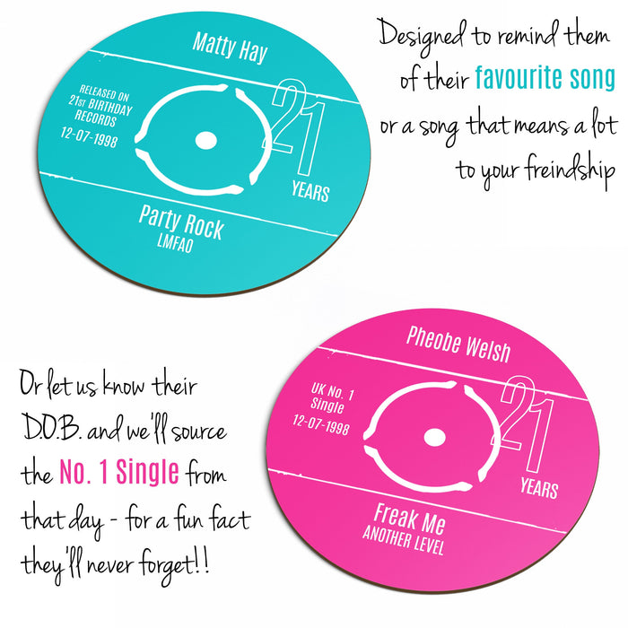 21st Birthday Greeting Card & Gift - Vinyl Record Coaster of Number 1 Single Day Born or Favourite Song