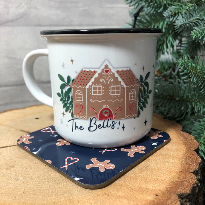 Personalised Hot Chocolate Station | Mug, Coaster & Drinks Mat Gift Set | Festive Family Gingerbread and Candy Cane Themed Hot Chocolate Kit