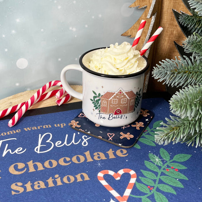 Personalised Hot Chocolate Station | Mug, Coaster & Drinks Mat Gift Set | Festive Family Gingerbread and Candy Cane Themed Hot Chocolate Kit