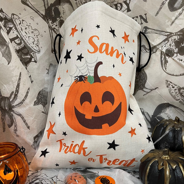 Personalised Trick or Treat Swag Bag | Cute Halloween Pumpkin Characters | Custom Gift for Kids and Teens, Halloween Party Décor Accessory