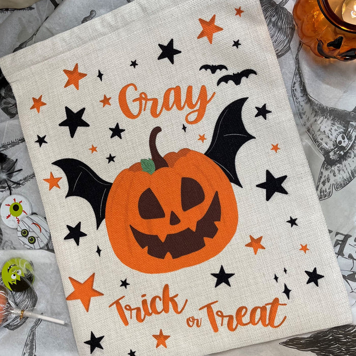 Personalised Trick or Treat Swag Bag | Cute Halloween Pumpkin Characters | Custom Gift for Kids and Teens, Halloween Party Décor Accessory