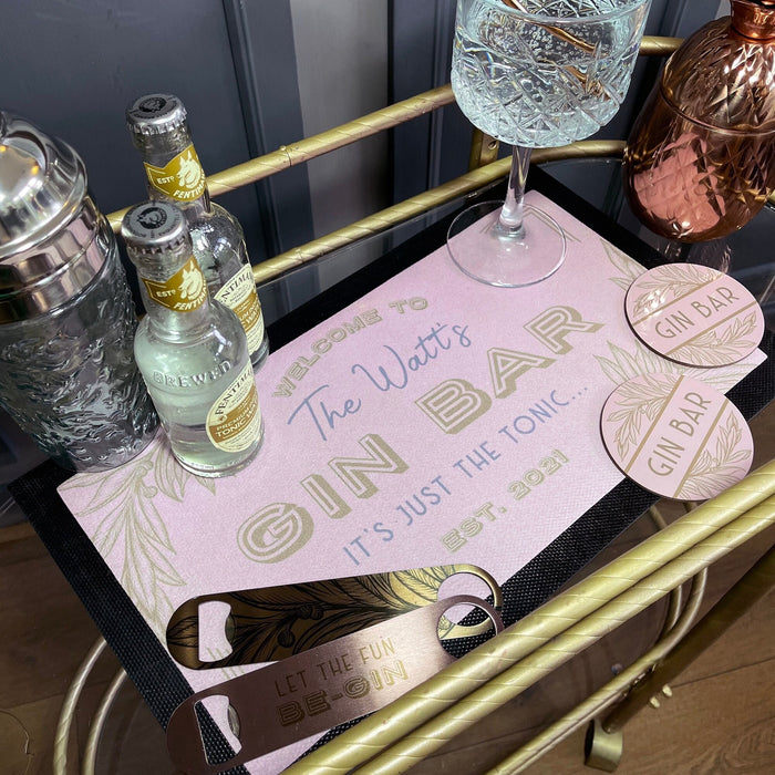 Personalised Art Deco Style Gin Bar Set to Create a Stylish Home Bar. Personalise Your Home Bar with a Stunning Bar Mat Set