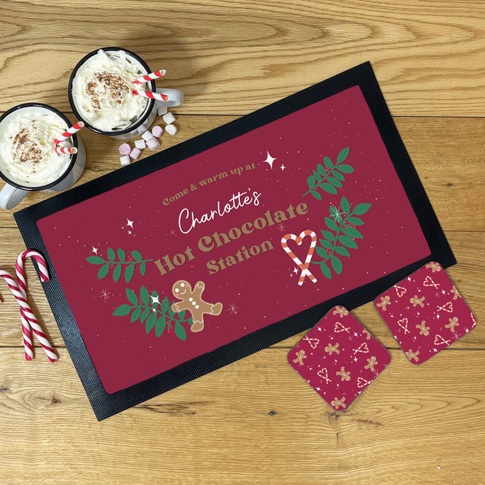 Personalised Hot Chocolate Station | Mug, Coaster & Drinks Mat Gift Set | Festive Family Gingerbread and Candy Cane Themed Hot Chocolate Kit