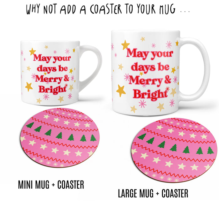 Colourful Festive Mug Merry & Bright - Clashy Christmas Cheer Family Mugs and Coasters Gift Set - Ugly Holiday Sweater Jumper Personalised