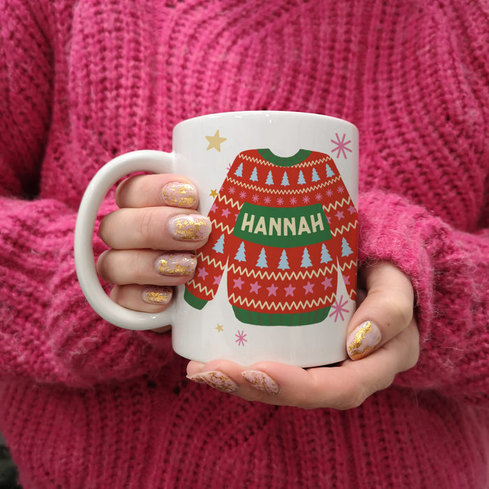 Colourful Festive Mug Merry & Bright - Clashy Christmas Cheer Family Mugs and Coasters Gift Set - Ugly Holiday Sweater Jumper Personalised