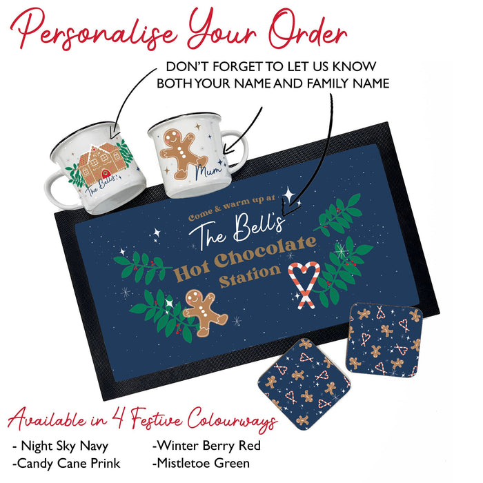 Personalised Hot Chocolate Station | Mug, Coaster & Drinks Mat Gift Set | Festive Family Gingerbread and Candy Cane Themed Hot Chocolate Kit