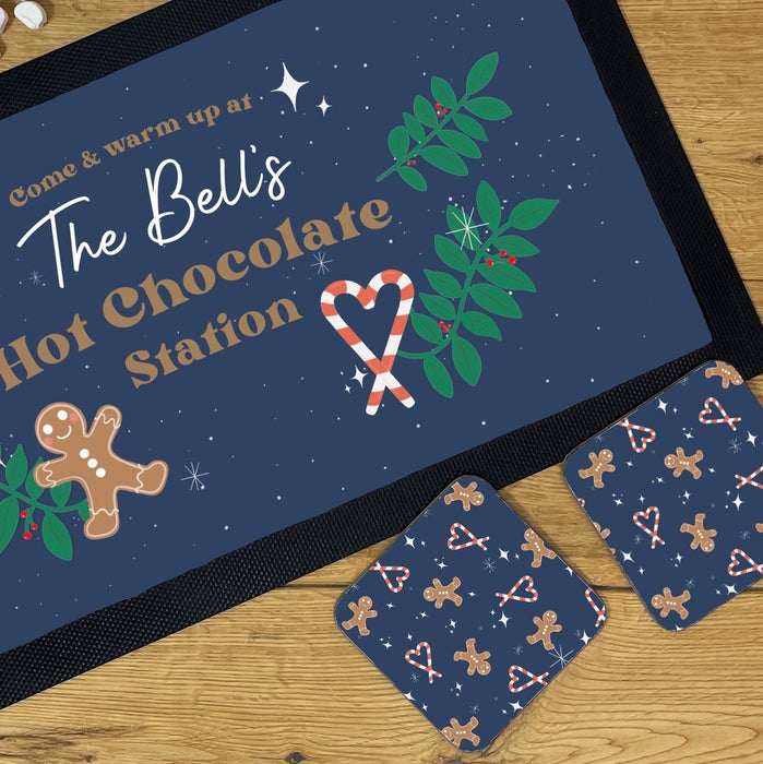 Personalised Hot Chocolate Station | Mug, Coaster & Drinks Mat Gift Set | Festive Family Gingerbread and Candy Cane Themed Hot Chocolate Kit