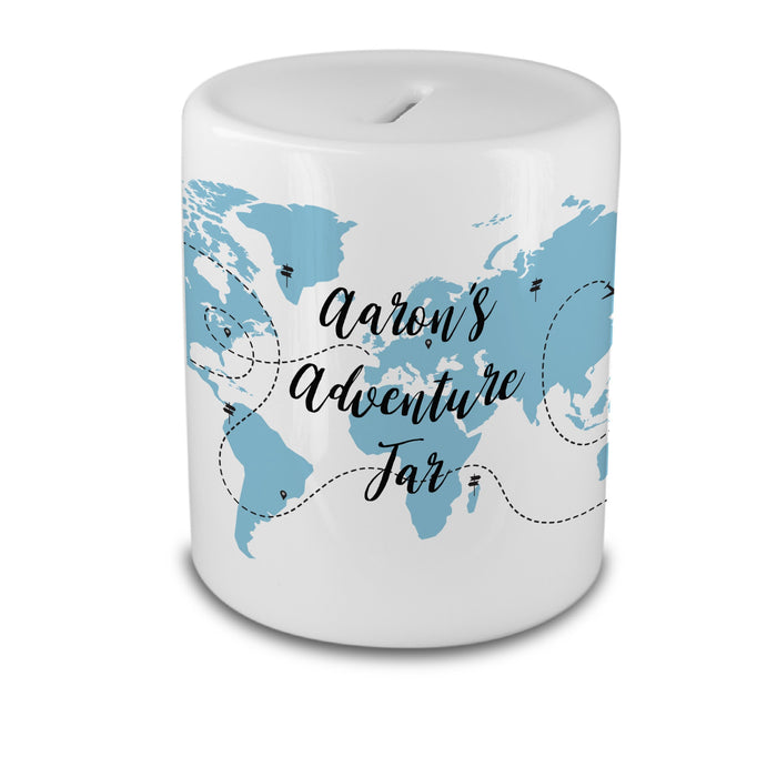 Personalized Travel Piggy Bank Box - Adventure Awaits, Fund Builder For Wanderlust Traveller Nomad Explorer, Money Box Saver