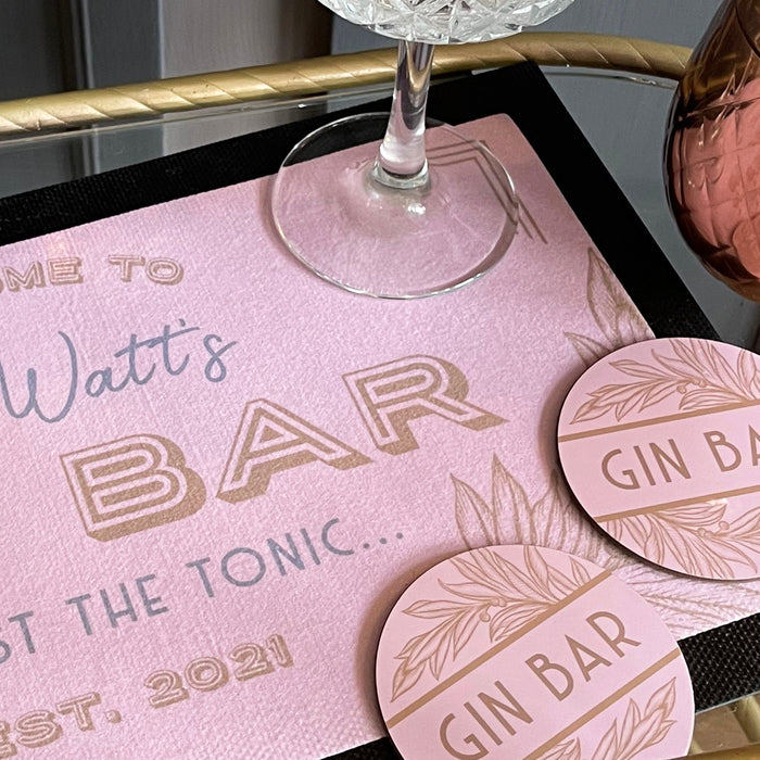 Personalised Art Deco Style Gin Bar Set to Create a Stylish Home Bar. Personalise Your Home Bar with a Stunning Bar Mat Set