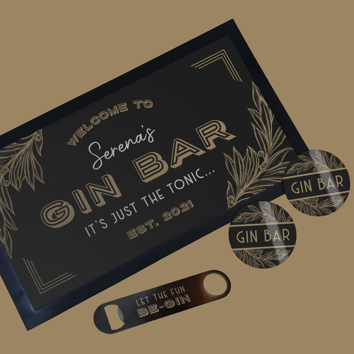 Personalised Art Deco Style Gin Bar Set to Create a Stylish Home Bar. Personalise Your Home Bar with a Stunning Bar Mat Set