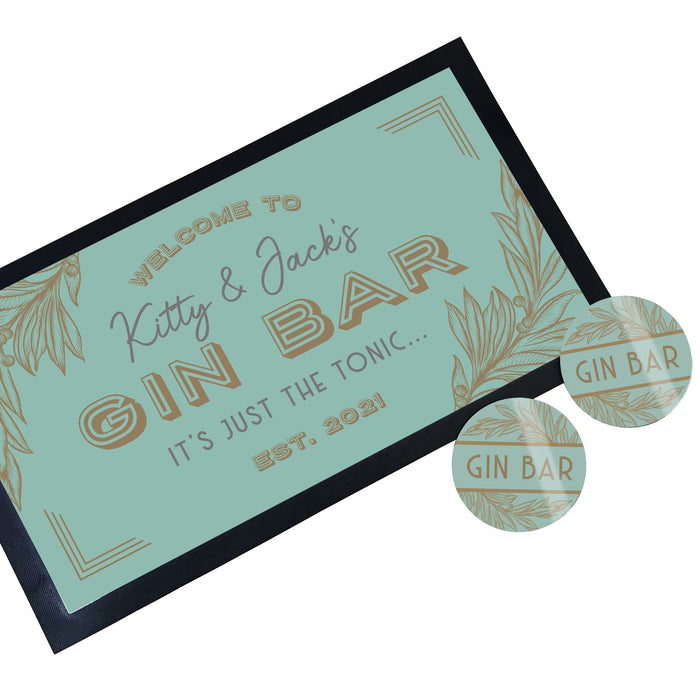 Personalised Art Deco Style Gin Bar Set to Create a Stylish Home Bar. Personalise Your Home Bar with a Stunning Bar Mat Set