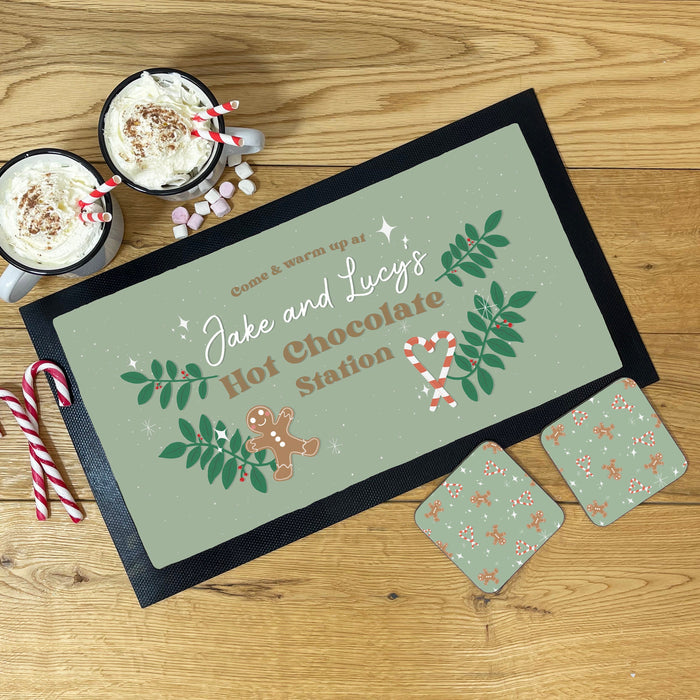 Personalised Hot Chocolate Station | Mug, Coaster & Drinks Mat Gift Set | Festive Family Gingerbread and Candy Cane Themed Hot Chocolate Kit