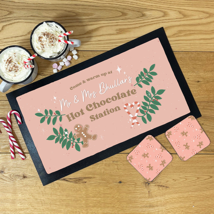 Personalised Hot Chocolate Station | Mug, Coaster & Drinks Mat Gift Set | Festive Family Gingerbread and Candy Cane Themed Hot Chocolate Kit