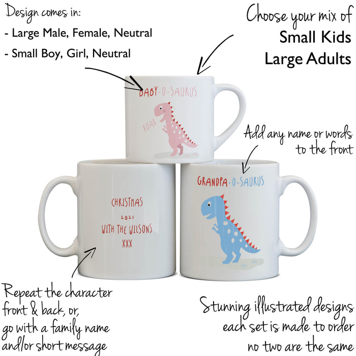 PERSONALISED Dinosaur Family Mug Set - Fun Mummy Daddy Baby Dinosaur New Home Gift Mama Papa Toddler Children Fathers Day Gift, Home Decor