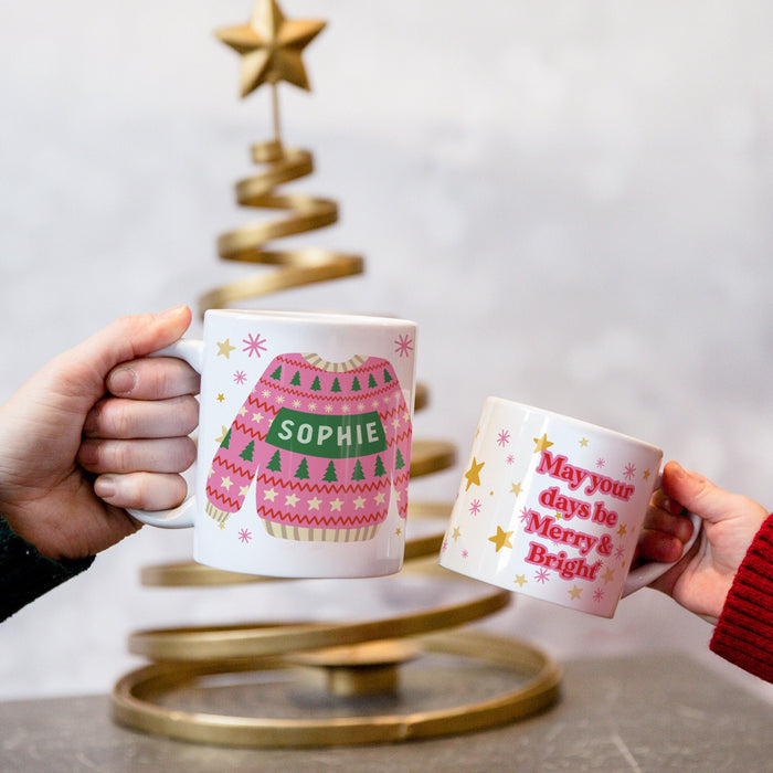 Colourful Festive Mug Merry & Bright - Clashy Christmas Cheer Family Mugs and Coasters Gift Set - Ugly Holiday Sweater Jumper Personalised