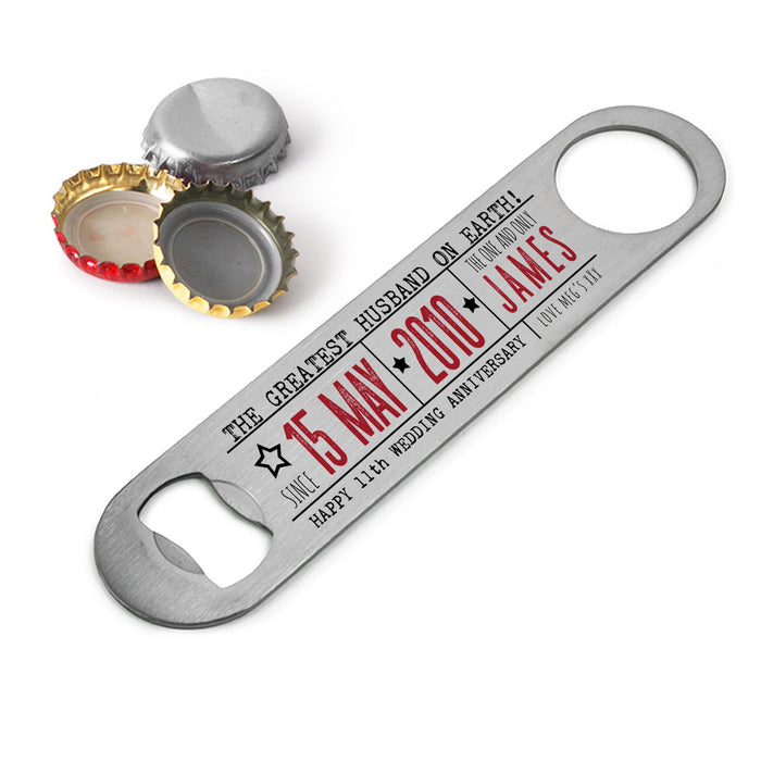 Greatest Husband Gift | Fathers Day Gift, Steel Bar Blade Bottle Opener | Personalised 11th Anniversary Gift | Gift For Him Dad Daddy