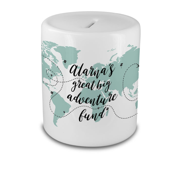 Personalized Travel Piggy Bank Box - Adventure Awaits, Fund Builder For Wanderlust Traveller Nomad Explorer, Money Box Saver