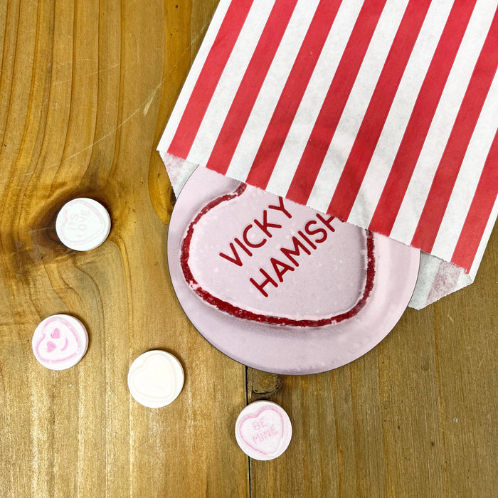 Personalised Love Hearts Sweet Coaster Set - Customised Single Pair or Pack of 4 - Any Text or Message - Wedding Favours, Anniversary Gift