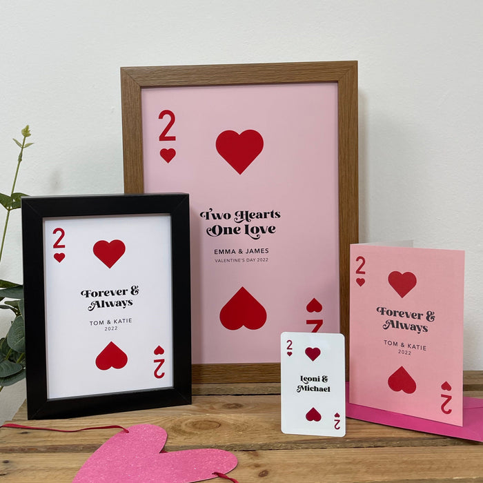 Anniversary Greetings Card 2 of Hearts Playing Card Personalised Postcard Customised Print for Her Him Boyfriend Husband 2nd Year Two Years