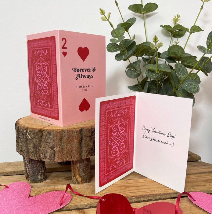 Anniversary Greetings Card 2 of Hearts Playing Card Personalised Postcard Customised Print for Her Him Boyfriend Husband 2nd Year Two Years