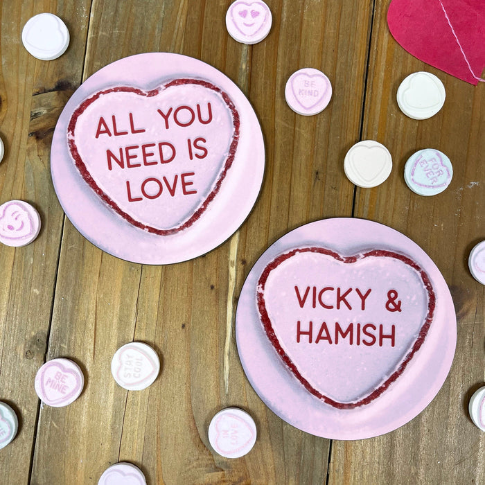 Candy Kisses - Adorable Personalized Love Hearts Coasters, Anniversary Gift, Gift, Customized Single Pair or Pack of 4, Any Text or Message