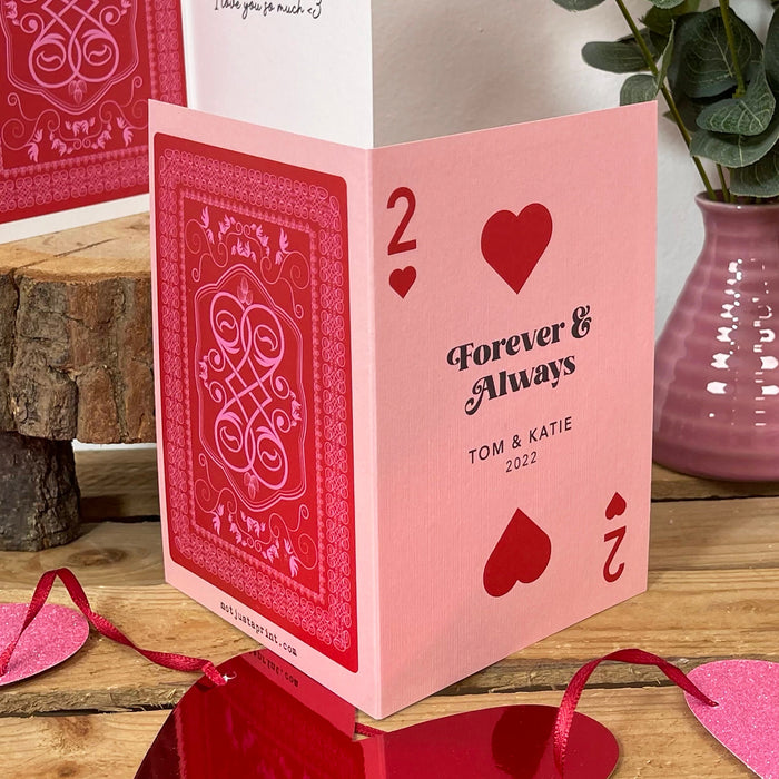 Anniversary Greetings Card 2 of Hearts Playing Card Personalised Postcard Customised Print for Her Him Boyfriend Husband 2nd Year Two Years